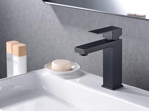 Miniatura 3 de ARCORA - Grifo de baño negro mate para lavabo de baño, grifo de baño moderno de un solo orificio con líneas de suministro cUPC y drenaje desplegable