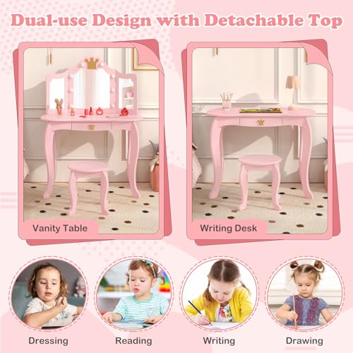 Image of KOTEK Kids Vanity with Lights, Crown Girls Vanity Set w /Tri-Folding Mirror, Detachable Top, Stool & Drawer, Wooden Toddler Makeup Dressing Table, Kids Vanity Table and Chair Set (Pink)