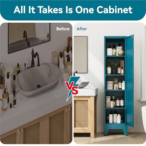 Image of 67 inch Tall Storage Cabinet with Reversible Doors and Adjustable Shelves,Metal Slim Freestanding Cabinet for Bathroom Kitchen Garage Small Spaces,Blue,5-Tier 1 Pack