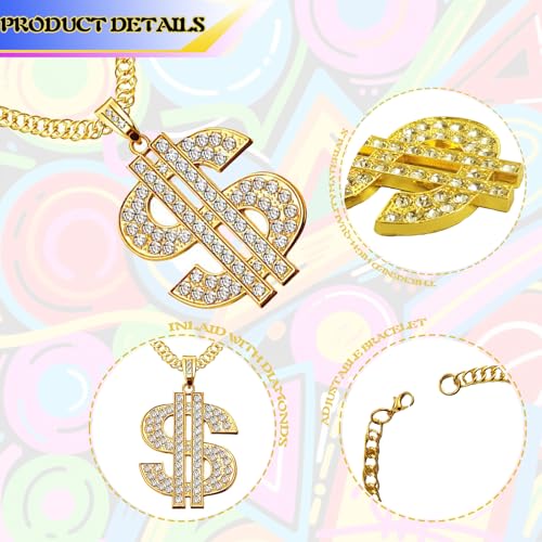 DTAOZFA 9 Stücke Zuhälter Kostüm Zubehör, Herren Hip Hop Kostüm, 80er 90er Outfit Herren, Gangster Gold Halskette Ring Brille Fasching Party