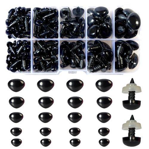 Zhbrchz 280pcs Black Plastic Safety Noses 5 Sizes Craft Triangle Nose with Washers for Amigurumi Crochet Bears Dog Stuffed Animals Doll Making