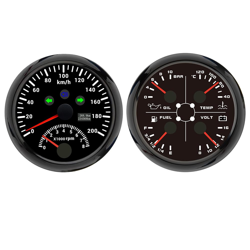 ELING Compteur de vitesse GPS 2 en 1 de 85 mm 200 km/h compteur kilométrique avec tachymètre compte-tours du moteur avec niveau de carburant multifonction 4 en 1 pression d'huile