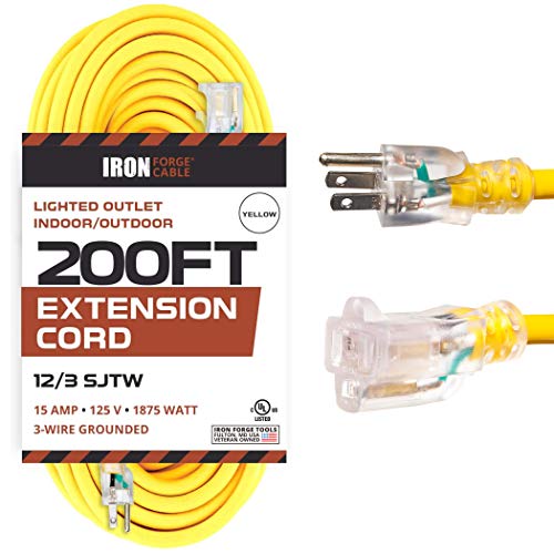 200 Foot Lighted Outdoor Extension Cord - 12/3 SJTW Heavy Duty Yellow Extension