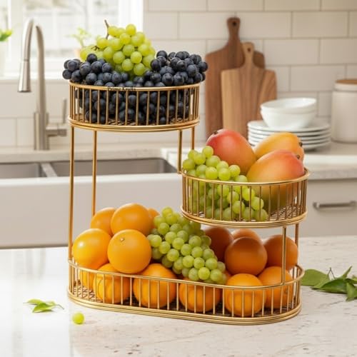 Image of 3 Tier Metal Wire Fruit Basket Bowl for Kitchen | Countertop Kitchen Storage Basket for Fruits, Vegetables and Snacks - Gold