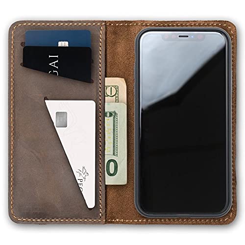 PEGAI Personalized 100% Leather Wallet Case for iPhone 12, with Card Holder, Screen Protector, Handmade, Protective, Magnetic, | McLean Chestnut