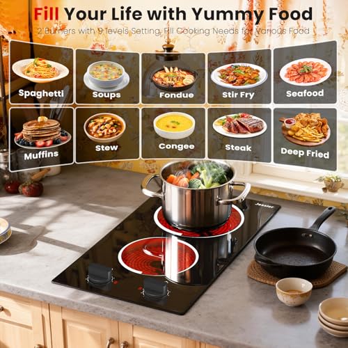 Image of 2 Burner Electric Cooktop - 12 Inch Plug in Portable 110V Electric Cook Top Two Burner, Built-in & Countertop Ceramic Stove Top with Knob Control, 9 Power Levels and Overheat Protection