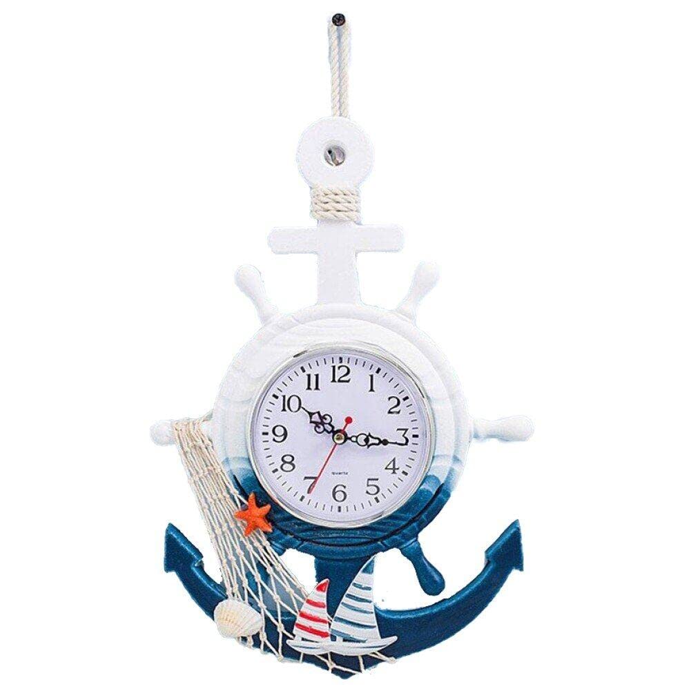 Danlai Wooden Wall Clock Mediterranean Style Anchor Clock Silent Non-ticking Clock Decorative Wall Hanging Clock for Home Shop