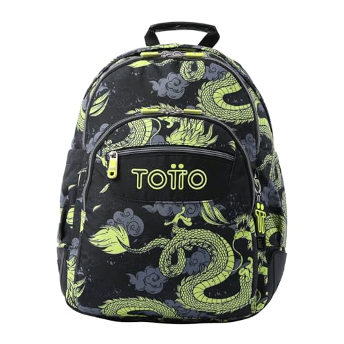 TOTTO - Mochila Escolar Grande, Modelo Rayol, Capacidad 19 L, 3 Compartimentos, 2 Bolsillos Botella, Bolsillo para PC 14", Espaldar Ergonómico con Flujo de Aire, Correas en S, Estampado Dragony