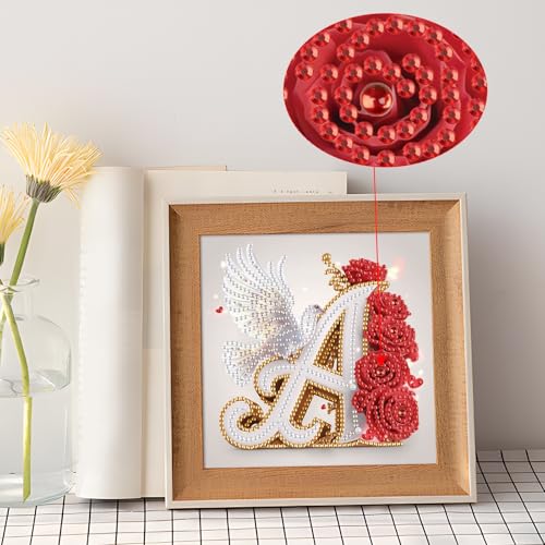 Image of AiYuanzsh 5D Special Shape Diamond Painting Letter A, Red Rose & White Dove Initial Diamond Art Kit for Adults, DIY Crystal Rhinestones Romantic Gem Art Crafts Wall Decor 17x17cm