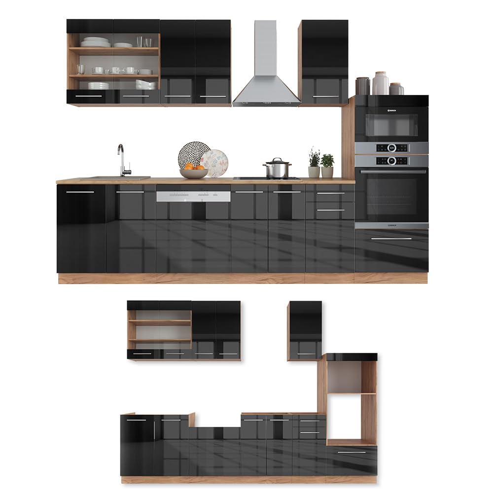 Vicco Cucina componibile Fame-Line Antracite lucido/Rovere 300 cm | con armadio alto, senza piano di lavoro, per l'espansione personalizzata tramite moduli aggiuntivi compatibili