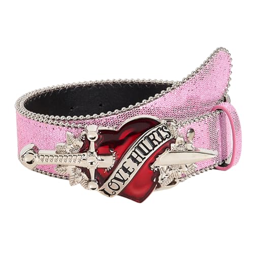 Glittering Heart Buckle Belt For Female Girl Cool Sequined Waistband All Matching Belt For Everyday Use Various Outfit Women'