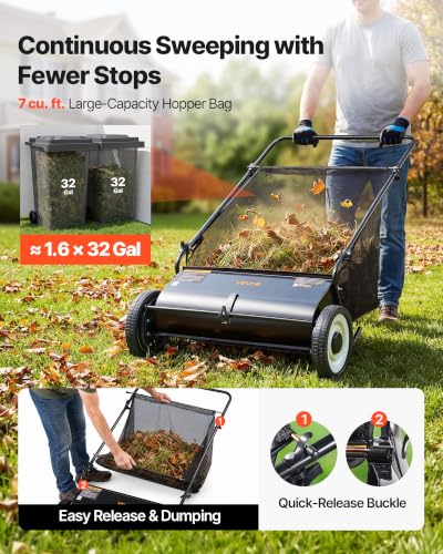 Image of VEVOR Push Lawn Sweeper 26 Inch Leaf & Grass Collector Strong Rubber Wheels | Heavy Duty Thickened Steel Durable to Use with Large Capacity 7 ft Mesh Collection Bag, 4 Spinning Brushes
