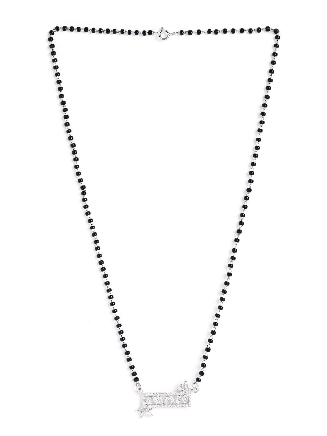 925 Sterling Silver Style Bar Black Bead Mangalsutra for Women | Rhodium-Plated Chain with Zircon Rectangular Pendant with Baguette Crystal & Butterfly Accents | Elegant Traditional Necklace-image-10