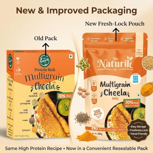 Image of The Naturik Co. Multigrain Chilla Mix 200g: Instant, Ready-to-Cook Cheela & Dosa Mix with 70% Pulses & 20% Protein, Healthy Breakfast Option for Kids & Family | As Seen On Shark Tank