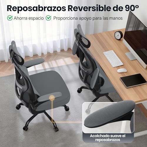 Miniatura 6 de Rattantree Silla De Oficina Ergonómica Con Soporte Lumbar, Silla De Escritorio De Respaldo Con Reposacabezas Y Altura Ajustables, Reposabrazos Abatible, Silla De Ordenador Para Oficina En Casa, Blanco