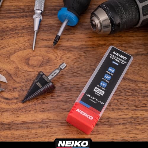 Image of NEIKO 10628B Step Drill Bit, 2 Steps 7 /8 inch to 1-1 /8 inch Straight M35 Cobalt, AlTiSiN Coated, 1 /4 inch Quick Change Step Bits for Steel, Metal, Wood, Plastic, Unibit Cone Drill Bits, Two Flute