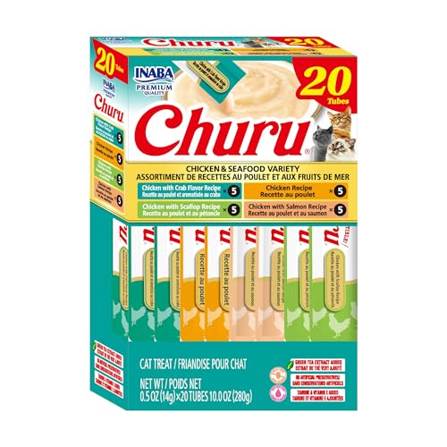 Image of INABA Churu Cat Treats, Lickable, Squeezable Creamy Puree Cat Treat with Green Tea Extract & Taurine, 0.5oz. Each Tube, 20 Tubes, Chicken & Seafood Variety