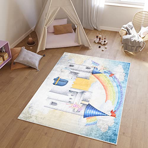 TAPISO Emma Teppich Waschbar bei 30 Grad Creme Blau Bunt Schloß Burg Regenbogen bedruckter...