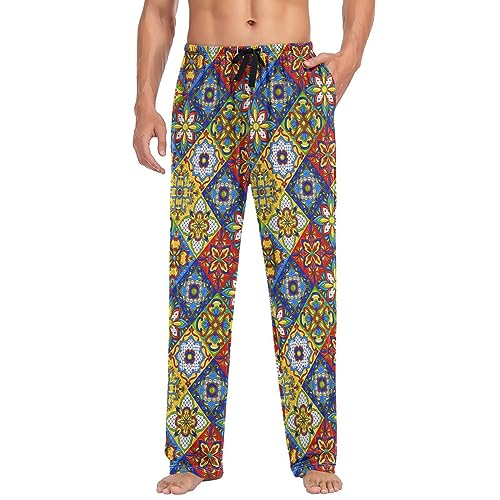 Mexican Mandala Flowers Pajama Pants Talavera Ceramic Tile Lounge Sleepwear PJs Men's Pajama Bottoms Sleep Pants L4