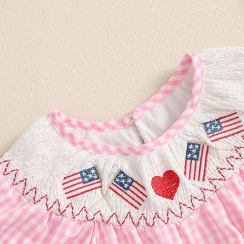 woshilaocai Fourth of July Smocked Bubble Romper Baby Girl American Flag Gingham Bodysuit Summer Baby Outfit3
