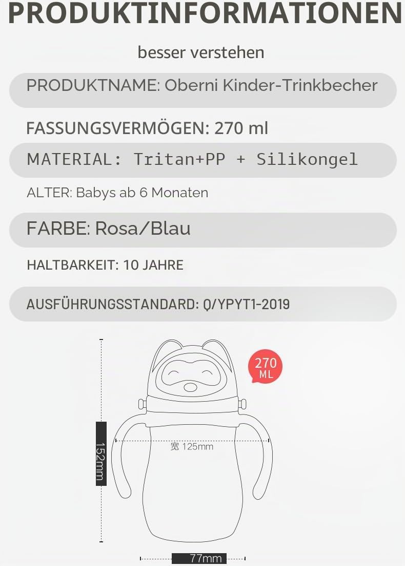 Oberni Trinklernbecher aus Tritan für Kleinkind ab 6 Monaten, BPA frei Trinkflasche mit Griffe, 270ml-Schnabeltasse-Trainerbecher-Blau,