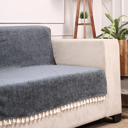 Image of STITCHNEST Beige Chenille Sofa Cover 24x60 Inch - Soft, Durable & Textured Fabric with Tassels | Full Coverage Sofa for Living Room, Bedroom, or Drawing Room