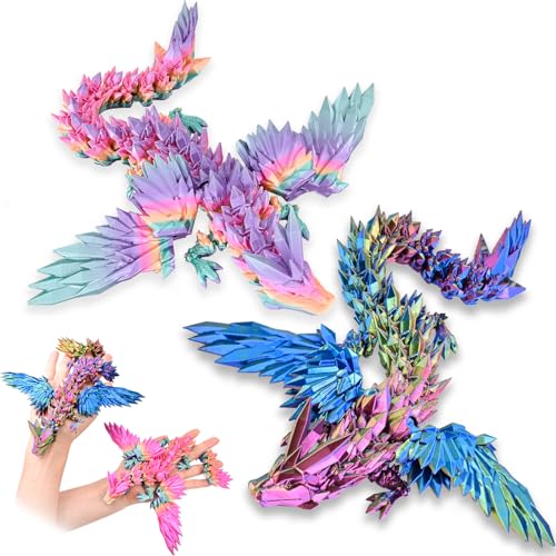 LOCYFENS 2 Pack 3D Printed Dragon with Wings Flying Dragon Articulated 3D Dragon Toys 3D Printed Crystal Wing Dragon Without Dragon Egg Rainbow Colorful Color Change