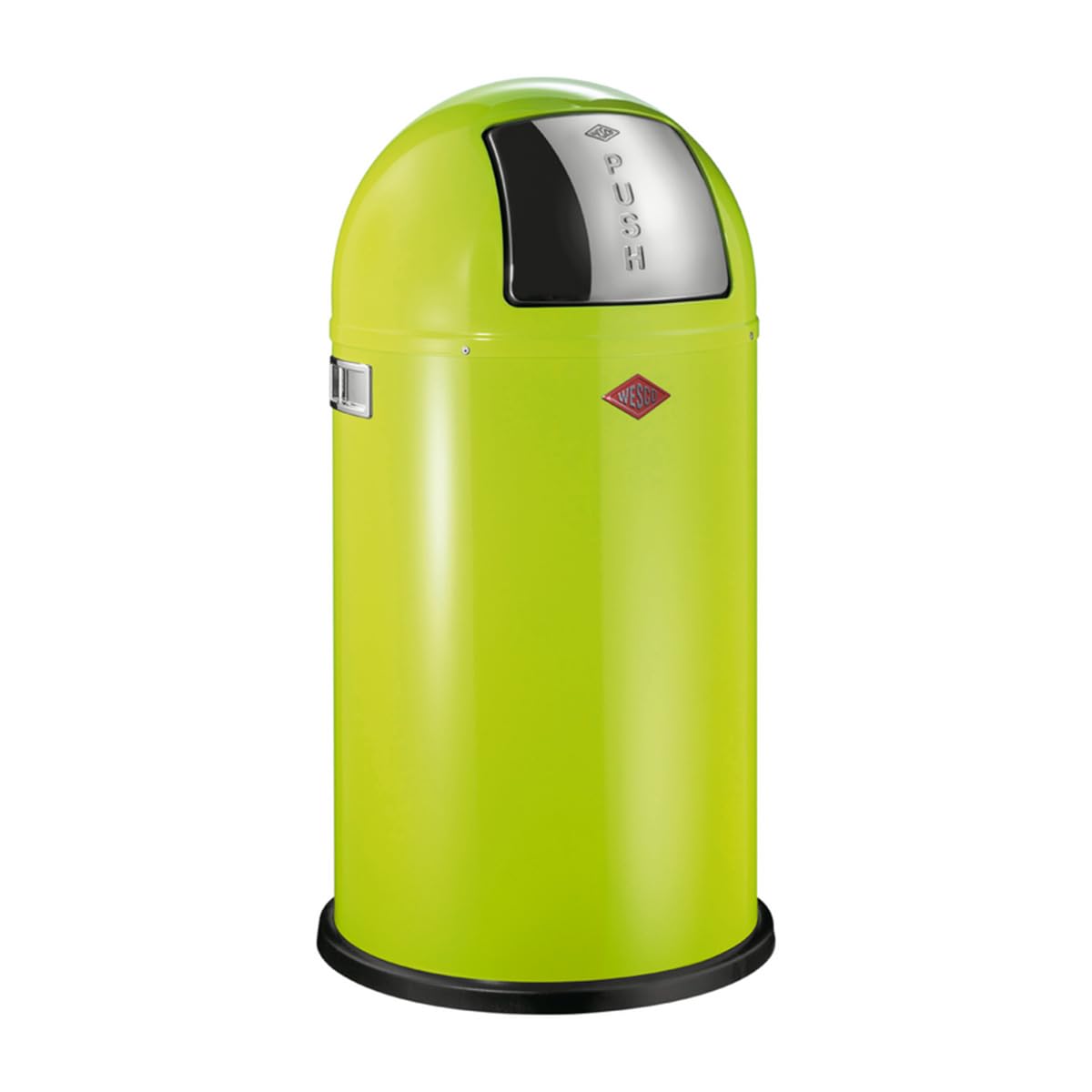 Wesco Pushboy Mülleimer in der Farbe lime grün, pulverbeschichtetes Stahlblech, 50 Liter Volumen, große Edelstahlklappe, herausnehmbarer Innenbehälter