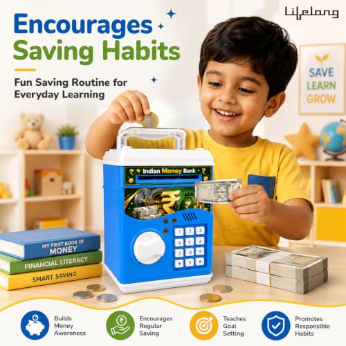 Image of Lifelong Cuppy ATM Money Bank (Blue) for Kids | Digital Money Bank with Light, Sound & Cash Coin Slot | Password Protected Electric ATM Machine | AAA Battery Operated Musical Piggy Bank Toy for Kids