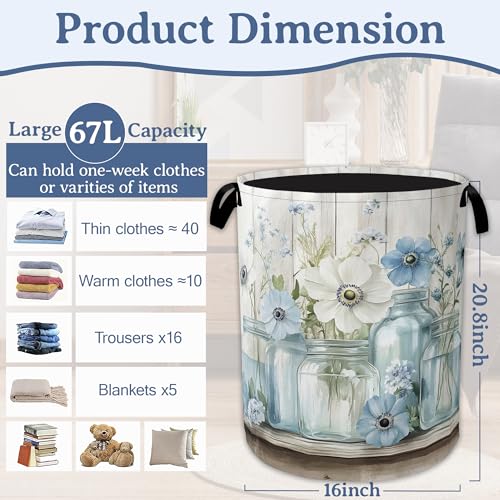 Image of Flowers Laundry Basket,Foldable Oxford Cloth Vintage Wooden Board Laundry Hamper with Handles, 20.8 inchx16 inch Tote Bag Clothes Storage Bucket for Laundry Room /Bathroom /Bedroom /Dormitories