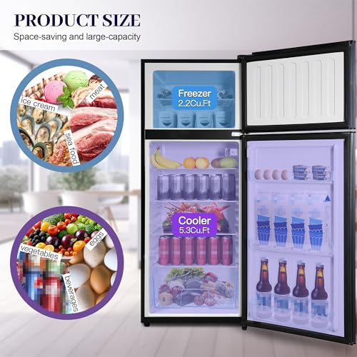 Image of 7.5 Cu. Ft. Compact Fridge with Freezer, Double-Door Refrigerator with Adjustable 7-Level Thermostat, Dorm Fridge for Kichen, RV, Office, Apartment, College, Blue
