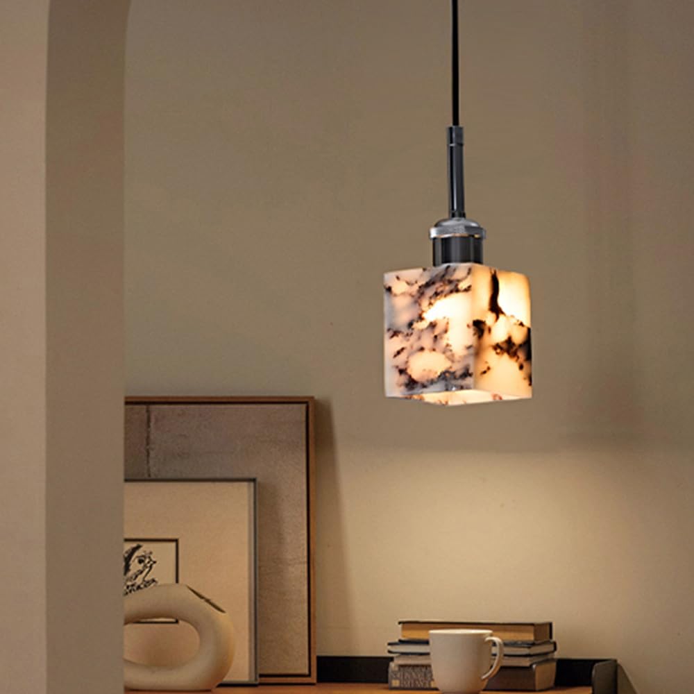 Geometryczna lampa wisząca, oryginalny marmurowy odcień i srebrny design, styl Wabi-Sabi, nowoczesna mini lampa wisząca, retro dekoracyjna oprawa na wyspę kuchenną, salon lub stół