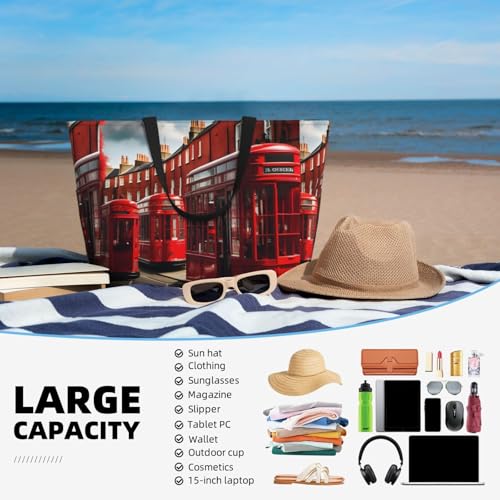 Red London Street Print Large Waterproof Beach Bag For Women With Zipper And Pockets For Travel Vacation 5
