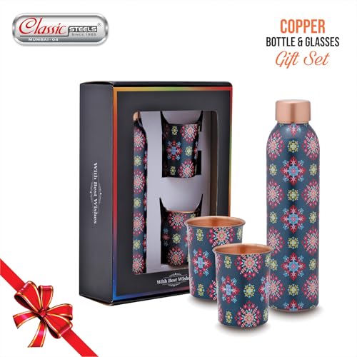 Image of Classic Steels Elegant Ethnic Green Copper Water Bottle Set with 2 Glasses - 1L Capacity | Best Gift For Diwali, Wedding Anniversary And All Other Occasions. (Blue Ethnic Copper Bottle Set)