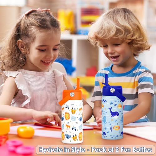 Image of SANDJEST Kid Water Bottle 12oz with Straw Lid - 2-Pack Insulated Stainless Steel Water Bottles for Kids Girls - Travel Cup for Back to School Sports Christmas Birthday (Animals & Sea Animals)