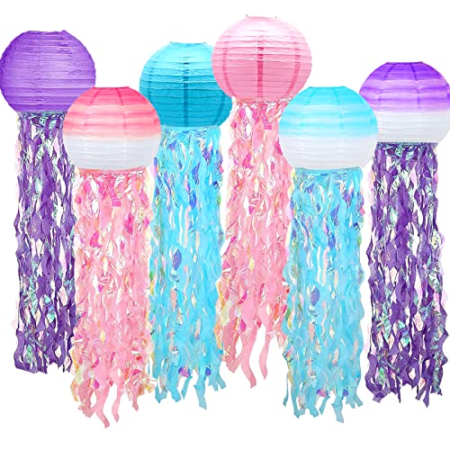 6 Packs Jelly Fish Paper Lanterns Gradient Pink Purple Blue Hanging Jellyfish Decor for Ocean Theme Birthday Under The Sea Little Party Decoration