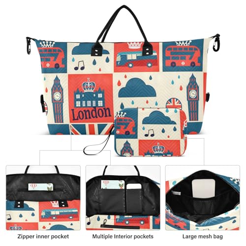 London British Flag Cartoon Large Travel Duffle Bag Weekender Overnight Bags Gym Yoga Bag for Women Men with Toiletry Bag2