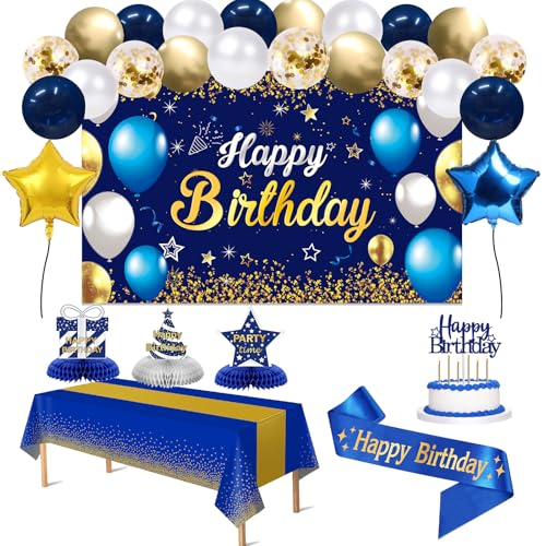 Birthday Decorations Navy Blue Gold - Happy Birthday Banner Sash Balloons Tablecloth Cake Topper Candles Table Decorations - 35pcs Party Decor for Men and Boys