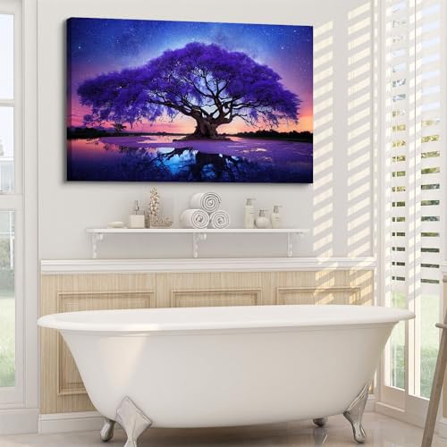 Image of Purple Tree Landscape Wall Art Blue Starry Night Picture Artwork for Living Room Wall Decor Abstract Nature Scenery Canvas Print Painting for Modern Bedroom Bathroom Home Office Decoration 32x48 inch