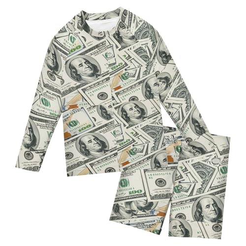 Paper Money Hundred Dollar Bills Baby Boys' Toddler Long Sleeved Rashguard Swim Bathing Suit Set B0405091
