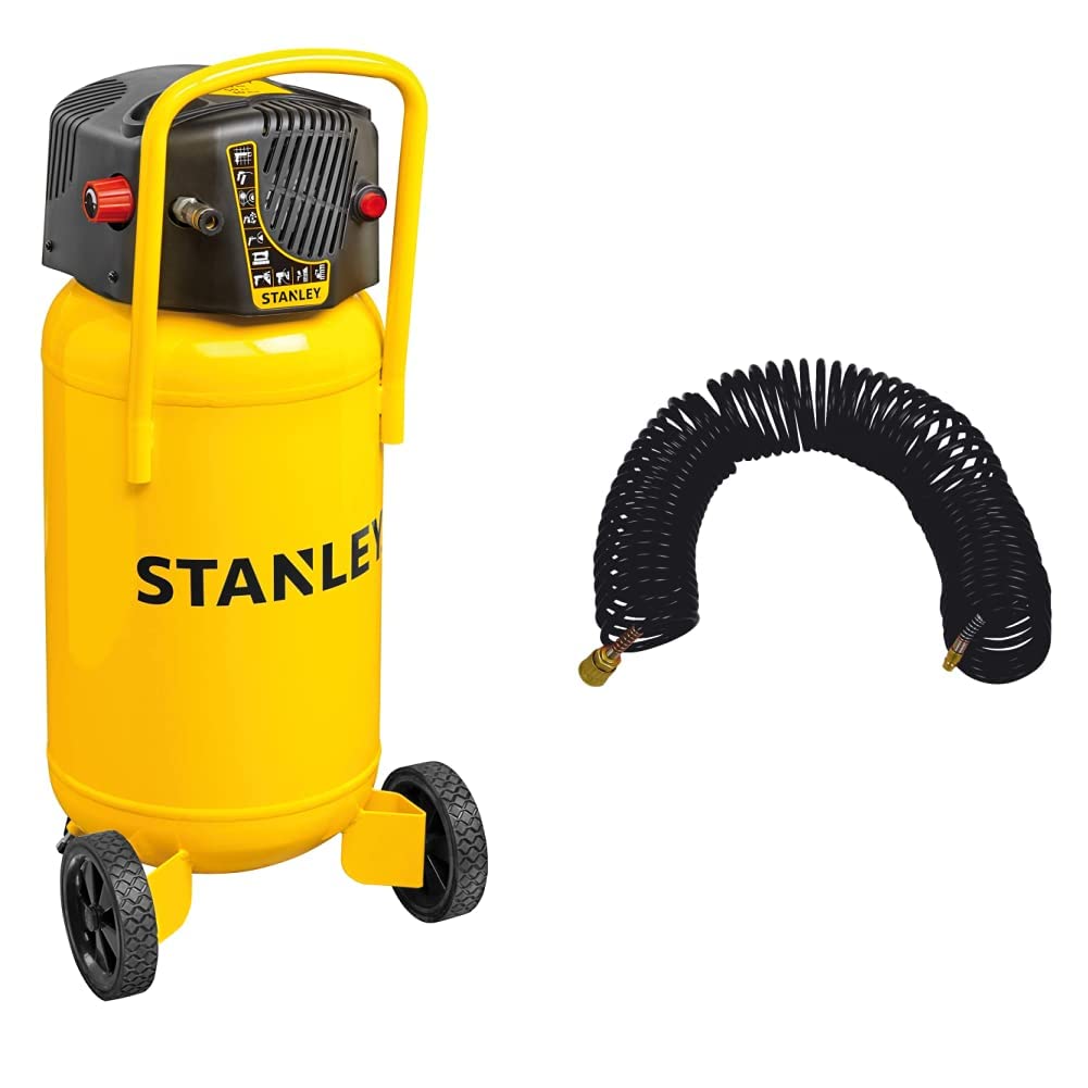 Stanley Compressore Verticale D230/10/50V 50Lt 2Hp & TUBO IN NYLON SPIRALATO DA 15 MT CON ATTACCHI A BAIONETTA PER COMPRESSORE
