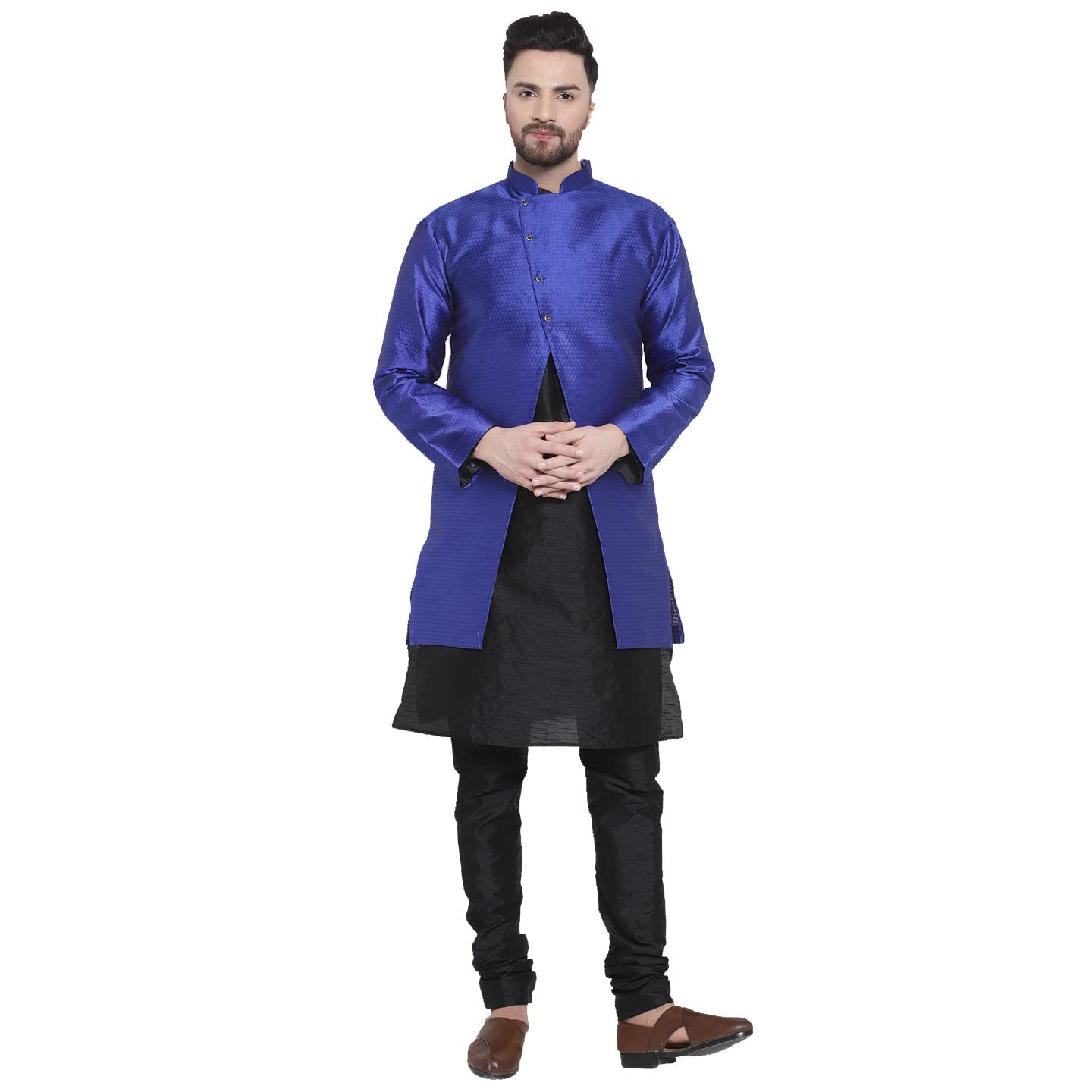 Photo 1 of Crocon Men's Silk Kurta Pyjama Set with Jacket Indian Traditional Dress for Groom Wedding Festive Party Outfit for Mens Blue Small