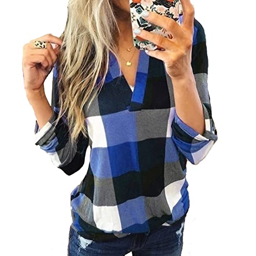 Shmily Girl Femme Chic Été Manches Ouvertes Lâche Chemisiers col v Blouse T-Shirt (Bleu, XL/FR 44-46) Cover