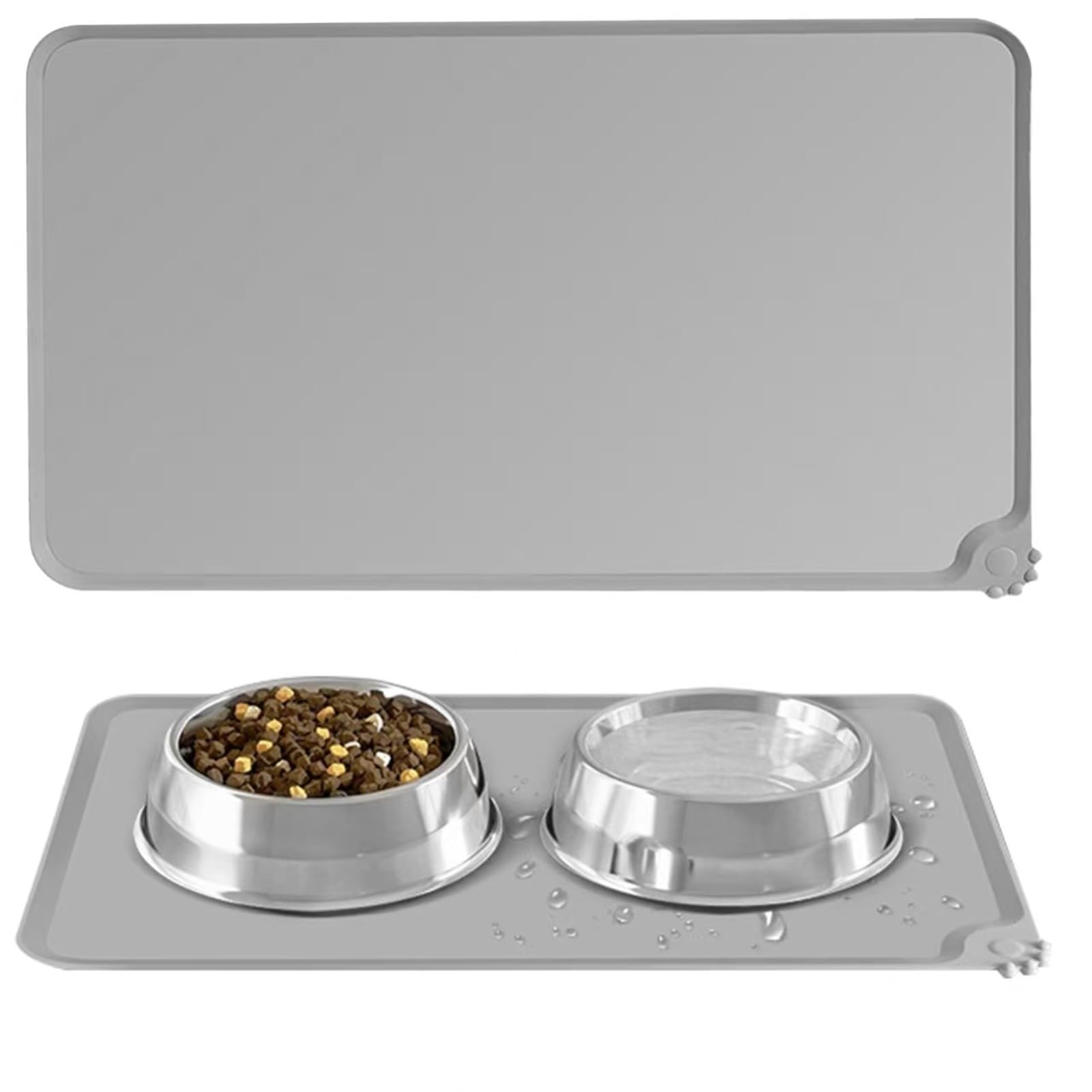 Cat & Dog Feeding Mat, Waterproof Silicone Pet Food Mat, Non-Slip Easy-to-Clean Pet Feeding Placemat for Dogs & Cats (Grey)