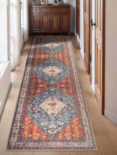 SERISSA Boho Washable Runner Rug, 2'6"x10' Long Non-Slip Tribal Hallway Kitchen Stair Runner Rug Ultra Soft Print Distressed Vintage Floor Carpet for Bedroom Bathroom Laundry Room