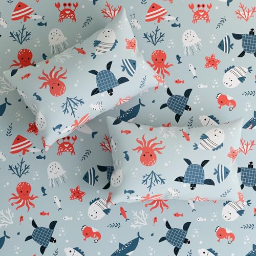 Image of Wakefit Premium Percale Weave 160 TC 100% Cotton Kids Flat Bedsheets with 2 Pillow Cover | Double - 100x90 inch | Animal Printed Soft & Breathable Double Size Bed Sheet | Coral Dive