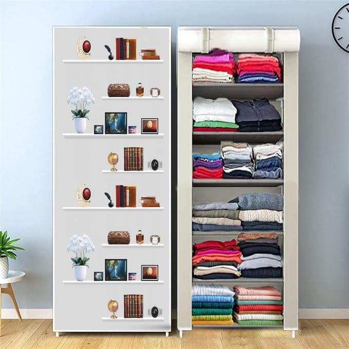CMerchants Portable Collapsible Wardrobe for Clothes Storage – Foldable Cloth Organizer Cupboard with Shelves for Bedroom & Home (Durable, Space Saving Design) (Grey Book Print, 6-Layer)-image-37