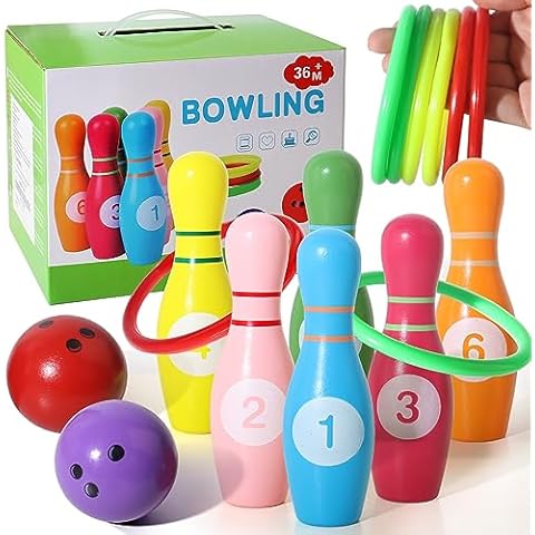 SHIERDU Wooden Kids Bowling Set - with 6 Bowling Pins & 2 Balls & 6 Ferrule - Educational Early Development Indoor & Outdoor Games Set - for Toddlers & Infants Boys & Girls Ages 3,4,5-12 Years Old Cover