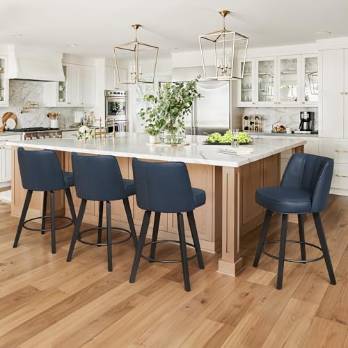 Image of LUE BONA 360-degree Swivel Bar Stools, 26 inch Counter Height Bar Stools with High Back and Wood Legs, Morden Faux Leather Upholstered Barstools for Kitchen Counter