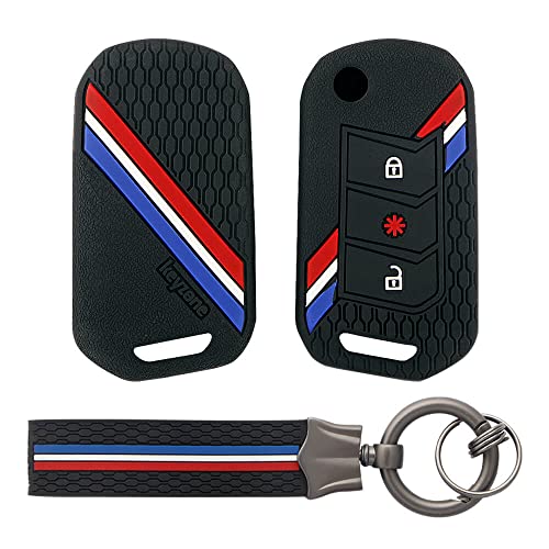 Image of Keyzone Striped Silicone Key Cover and Keychain Compatible for Mahindra Thar Roxx, Xuv 3XO, Scorpio-N, Xuv700, Thar,Xuv400, Xuv300, Bolero NEO, Marazzo, 3 Button Flip(Black with Black Striped KH)